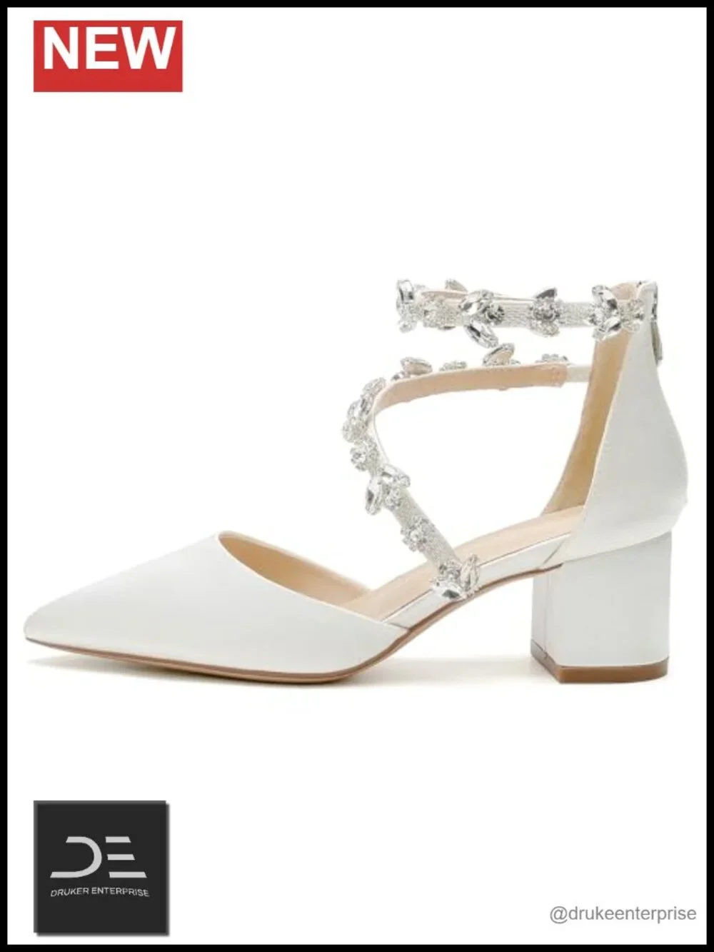 Satin Crystal Pump Heels with Block Heel and Ankle Strap for Wedding Prom Party